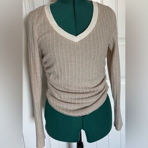Beige Ribbed V-Neck Sweater with Cream Trim